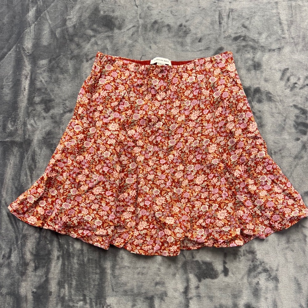 American Eagle Floral Mini Skirt Womens XS Red Boho Cottagecore A-Line Lined
